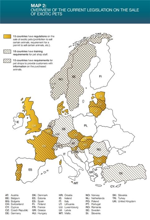 유럽연합의 야생동물 사육, 판매 등에 대한 규제 현황.(사진 Eurogroup For Animals(유럽동물옹호단체) 홈페이지)