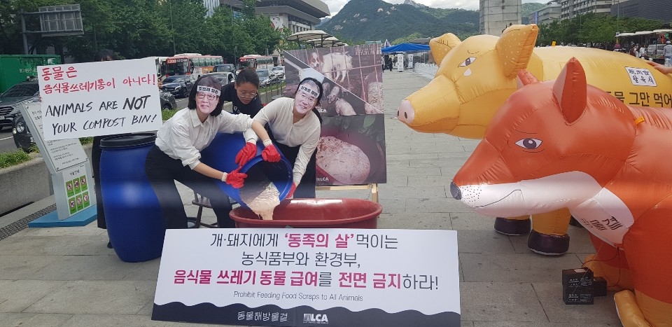11일 오전 서울 광화문광장에서 동물해방물결(공동대표 이지연·윤나리) 활동가들이 개와 돼지에게 음식물 쓰레기를 급여하는 이색 퍼포먼스를 펼쳤다.