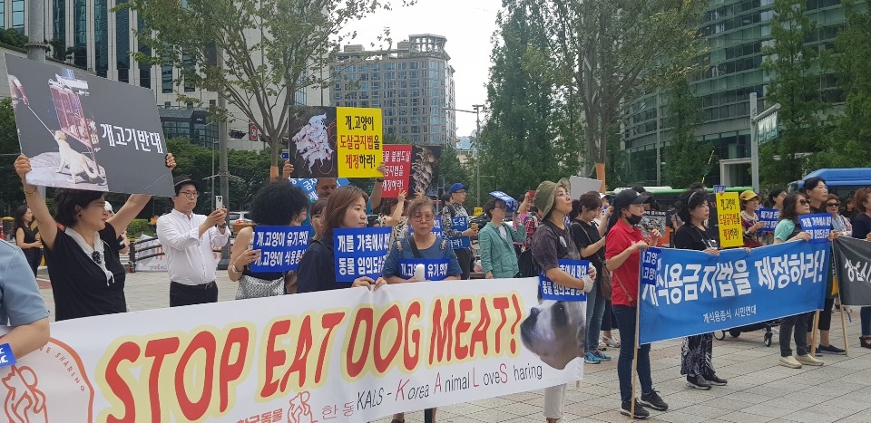 동물임의도살 발의건 국회 통과촉구를 위한 국민모임은 20일 오후 서울 종로 보신각 앞에 모여 일명 '개 식용 종식 트로이카 법안'의 조속한 처리를 국회에 요구했다.